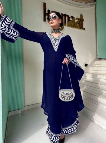 MODERN GEORGETTE CHAIN WORK TOP BOTTOM SET BLUE