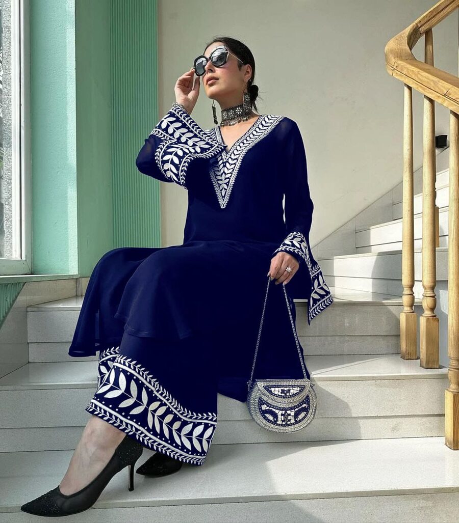 MODERN GEORGETTE CHAIN WORK TOP BOTTOM SET OFFICE WEAR WHOLESALE PRICE ETHNIC GARMENT (15)