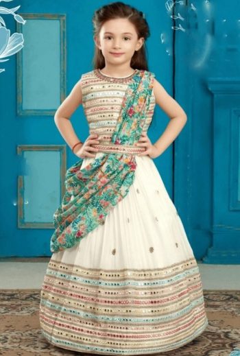 MODERN GEORGETTE EMBROIDERY MIROR WORK KID'S LEHENGA CHOLI WITH DUPATTA WHITE
