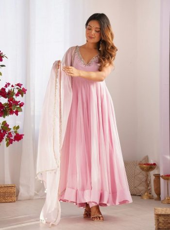 MODERN GEORGETTE EMBROIDERY REAL MIRROR WORK  GOWN BOTTOM WITH DUPATTA BABY PINK