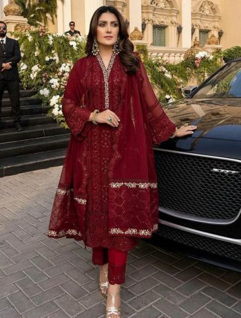 MODERN GEORGETTE EMBROIDERY SEQUENCE WORK TOP BOTTOM WITH DUPATTA RED