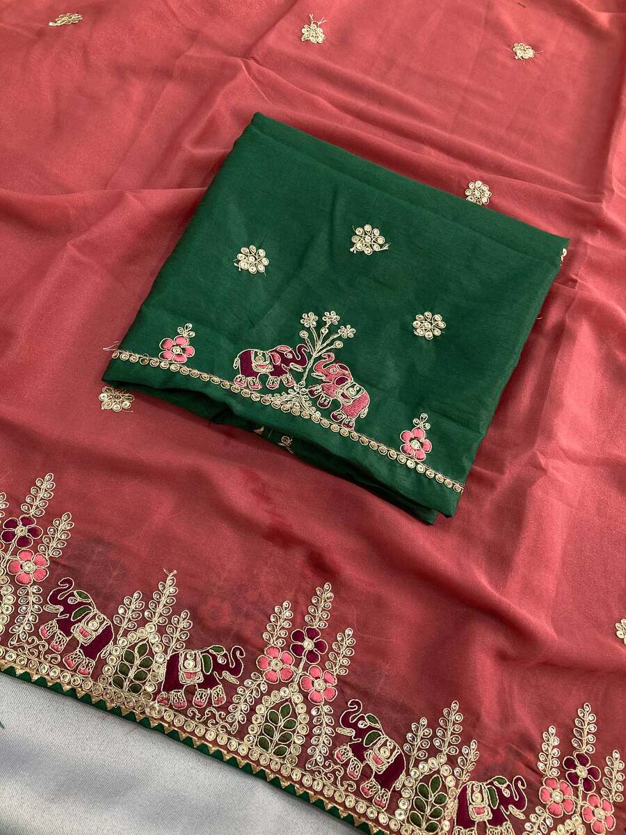 MODERN GEORGETTE EMBROIDERY WITH PIPING BORDER WORK SAREE WITH UNSTITCHED BLOUSE PARTY WEAR WHOLESALE PRICE ETHNIC GARMENT (15)