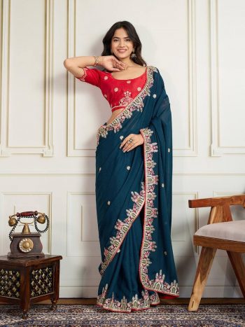 MODERN GEORGETTE EMBROIDERY WITH PIPING BORDER WORK SAREE WITH UNSTITCHED BLOUSE GREEN
