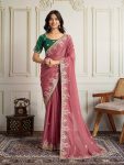 MODERN GEORGETTE EMBROIDERY WITH PIPING BORDER WORK SAREE WITH UNSTITCHED BLOUSE PINK