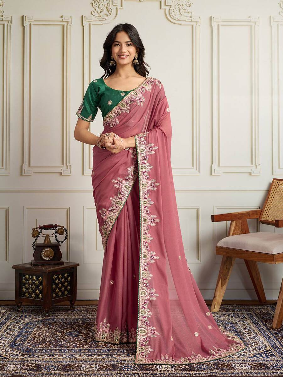 MODERN GEORGETTE EMBROIDERY WITH PIPING BORDER WORK SAREE WITH UNSTITCHED BLOUSE PARTY WEAR WHOLESALE PRICE ETHNIC GARMENT (5)