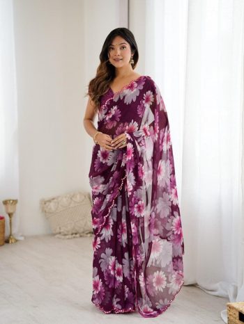 MODERN GEORGETTE PRINTED WITH MIRROR WORK SAREE WITH UNSTITCHED BLOUSE WINE