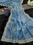 MODERN GOLD CRUSH MULTI THREAD EMBROIDERY WITH SEQUENCE WORK SAREE WITH UNSTITCHED BLOUSE BLUE