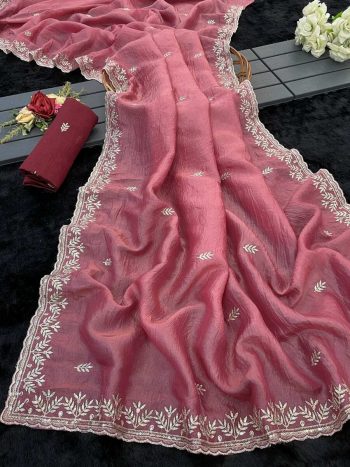 MODERN GOLD CRUSH MULTI THREAD EMBROIDERY WITH SEQUENCE WORK SAREE WITH UNSTITCHED BLOUSE PINK