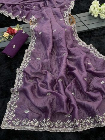 MODERN GOLD CRUSH MULTI THREAD EMBROIDERY WITH SEQUENCE WORK SAREE WITH UNSTITCHED BLOUSE LAVENDER