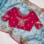 MODERN JIMMY CHOO THREAD EMBROIDERY CODING SEQUENCE SAREE WITH UNSTITCHED BLOUSE SKY