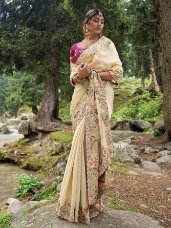MODERN JIMMY CHOO THREAD EMBROIDERY CODING SEQUENCE SAREE WITH UNSTITCHED BLOUSE CREAM