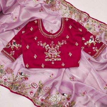 MODERN JIMMY CHOO THREAD EMBROIDERY CODING SEQUENCE SAREE WITH UNSTITCHED BLOUSE LAVENDER