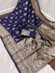 MODERN LICHI SILK BANARASI SAREE WITH UNSTITCHED BLOUSE BLUE