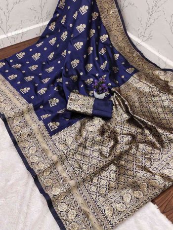 MODERN LICHI SILK BANARASI SAREE WITH UNSTITCHED BLOUSE BLUE