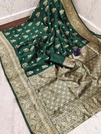 MODERN LICHI SILK BANARASI SAREE WITH UNSTITCHED BLOUSE GREEN