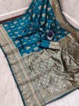 MODERN LICHI SILK BANARASI SAREE WITH UNSTITCHED BLOUSE TEAL