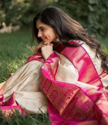 MODERN LICHI SILK JACQUARD WORK SAREE WITH UNSTITCHED BLOUSE OFF WHITE
