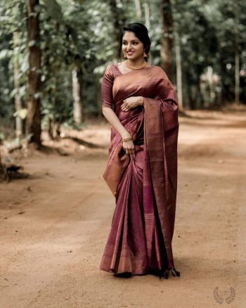 MODERN LICHI SILK JACQUARD WORK SAREE WITH UNSTITCHED BLOUSE BROWN