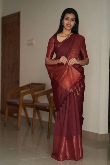 MODERN LICHI SILK JACQUARD WORK SAREE WITH UNSTITCHED BLOUSE BROWN