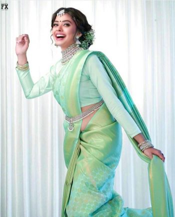 MODERN LICHI SILK JACQUARD WORK SAREE WITH UNSTITCHED BLOUSE  SEA GREEN