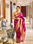 MODERN LICHI SILK JACQUARD WORK SAREE WITH UNSTITCHED BLOUSE PINK