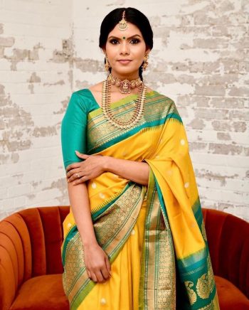 DESIGNER LICHI SILK JACQUARD WORK SAREE WITH UNSTITCHED BLOUSE YELLOW