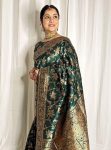 MODERN LICHI SILK ORGANIC BANARASI SAREE WITH UNSTITCHED BLOUSE GREEN
