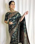 MODERN LICHI SILK ORGANIC BANARASI SAREE WITH UNSTITCHED BLOUSE PARTY WEAR WHOLESALE PRICE ETHNIC GARMENT (35)