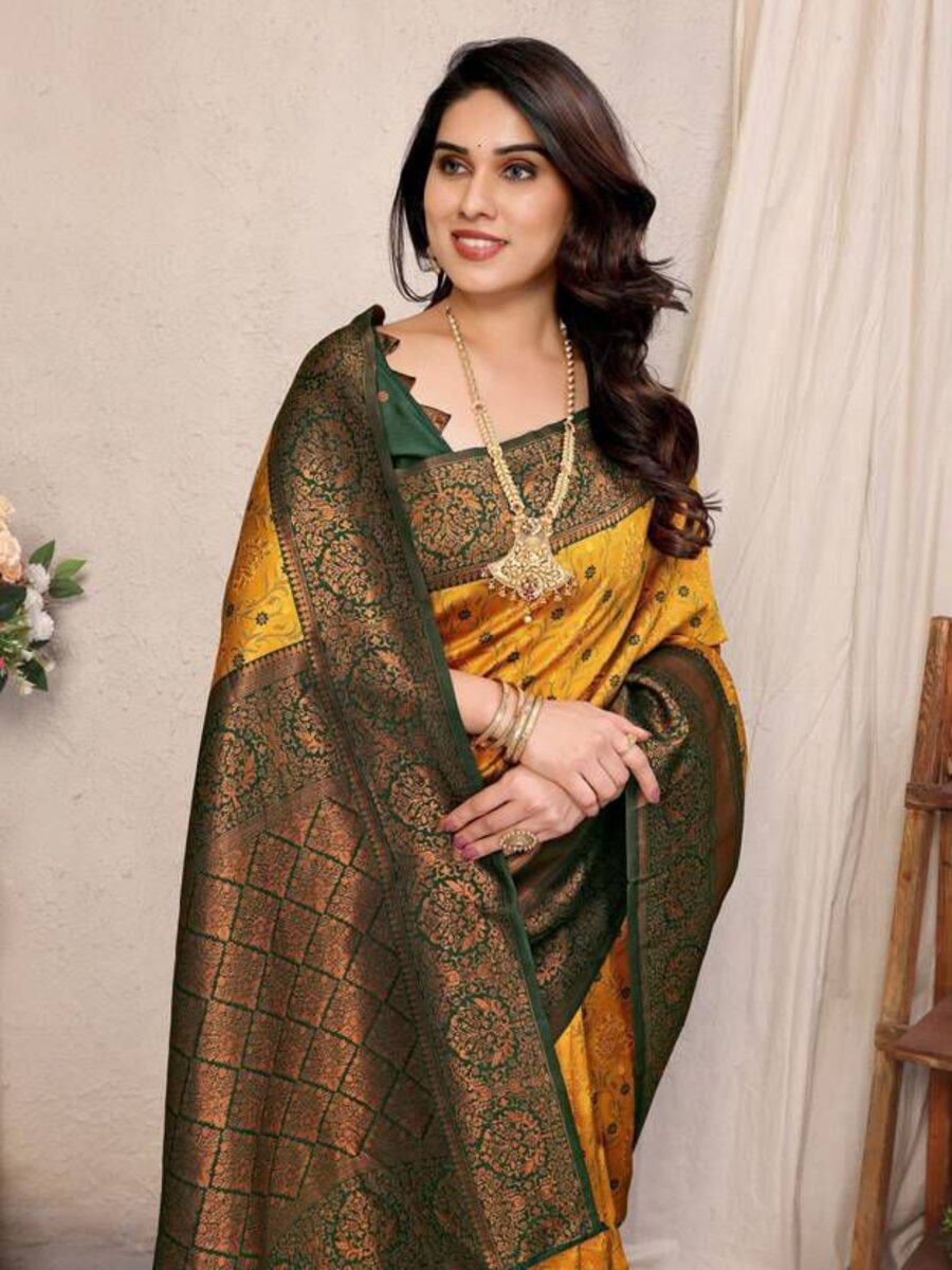 MODERN LICHI SILK ORGANIC BANARASI SAREE WITH UNSTITCHED BLOUSE WEDDING WEAR WHOLESALE PRICE ETHNIC GARMENT (3)