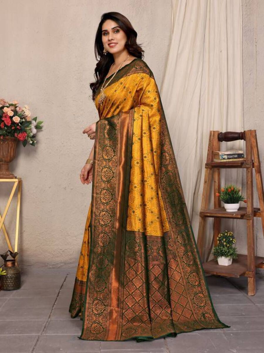 MODERN LICHI SILK ORGANIC BANARASI SAREE WITH UNSTITCHED BLOUSE WEDDING WEAR WHOLESALE PRICE ETHNIC GARMENT (4)