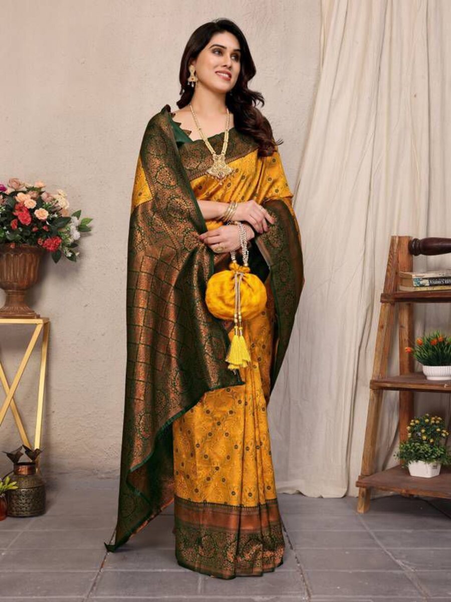 MODERN LICHI SILK ORGANIC BANARASI SAREE WITH UNSTITCHED BLOUSE WEDDING WEAR WHOLESALE PRICE ETHNIC GARMENT (6)