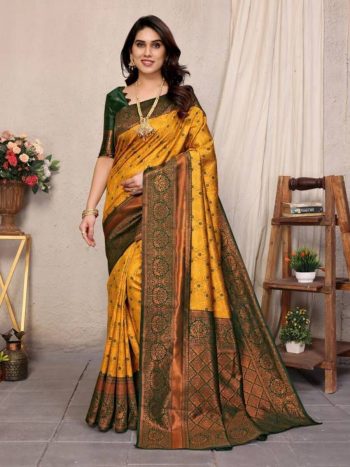 MODERN LICHI SILK ORGANIC BANARASI SAREE WITH UNSTITCHED BLOUSE YELLOW