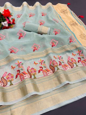 MODERN LILEN COTTON EMBRODERY WORK SAREE WITH UNSTITCHED BLOUSE SKY