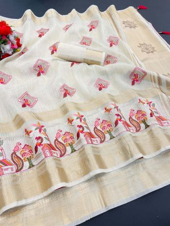 MODERN LILEN COTTON EMBRODERY WORK SAREE WITH UNSTITCHED BLOUSE OFF WHITE