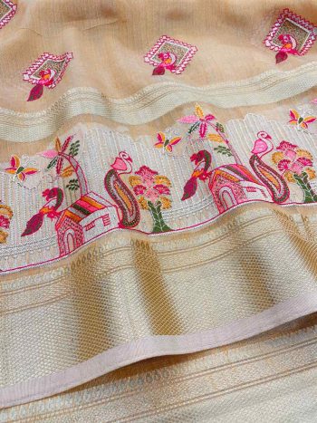 MODERN LILEN COTTON EMBRODERY WORK SAREE WITH UNSTITCHED BLOUSE CREAM