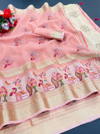 MODERN LILEN COTTON EMBRODERY WORK SAREE WITH UNSTITCHED BLOUSE PEACH
