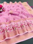 MODERN LILEN COTTON EMBRODERY WORK SAREE WITH UNSTITCHED BLOUSE PINK
