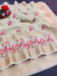 MODERN LILEN COTTON EMBRODERY WORK SAREE WITH UNSTITCHED BLOUSE PISTA