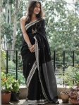 MODERN LINEN SLAB SOFT COTTON WEAVING WORK SAREE WITH UNSTITCHED BLOUSE BLACK