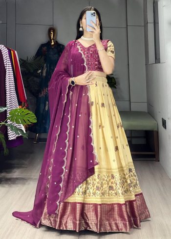 MODERN MARSHMALLOW RICO PRINTED WITH CONTRAST WEAVING WORK  LEHENGA CHOLI WITH DUPATTA WINE