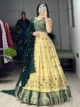 MODERN MARSHMALLOW RICO PRINTED WITH CONTRAST WEAVING WORK  LEHENGA CHOLI WITH DUPATTA GREEN
