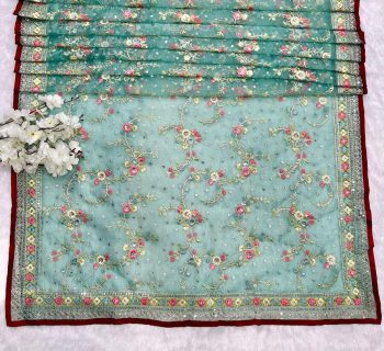 MODERN ORGANZA SILK EMBROIDERY SEQUENCE THREAD WORK SAREE WITH UNSTITCHED BLOUSE SKY