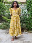 MODERN RAYON DIGITAL PRINTED ONE PEICE DRESS YELLOW