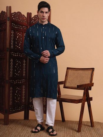 MODERN RAYON EMBROIDERY SEQUENCE WORK MEN'S KURTA PAYJAMA  NAVY BLUE