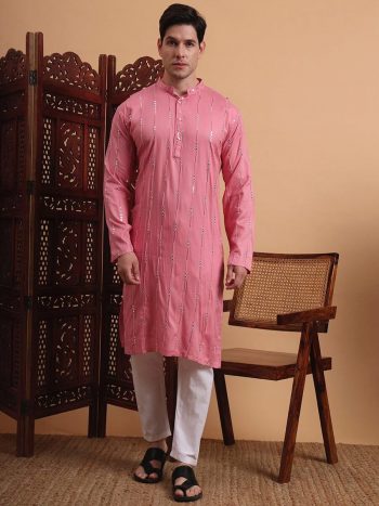 MODERN RAYON EMBROIDERY SEQUENCE WORK MEN'S KURTA PAYJAMA BABY PINK