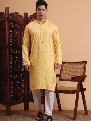 MODERN RAYON EMBROIDERY SEQUENCE WORK MEN'S KURTA PAYJAMA YELLOW