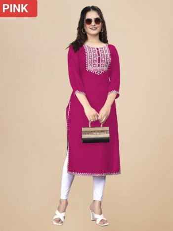 MODERN RAYON EMBROIDERY WORK KURTI PINK