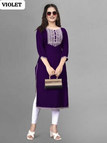 MODERN RAYON EMBROIDERY WORK KURTI VIOLET