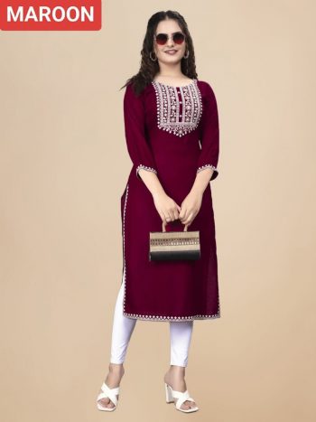 MODERN RAYON EMBROIDERY WORK KURTI MAROON
