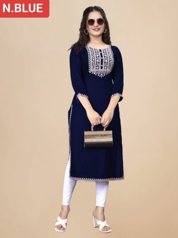 MODERN RAYON EMBROIDERY WORK KURTI NAVY BLUE